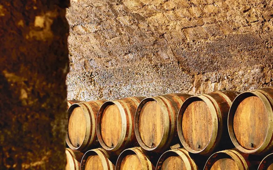 Wine barrels in a cellar