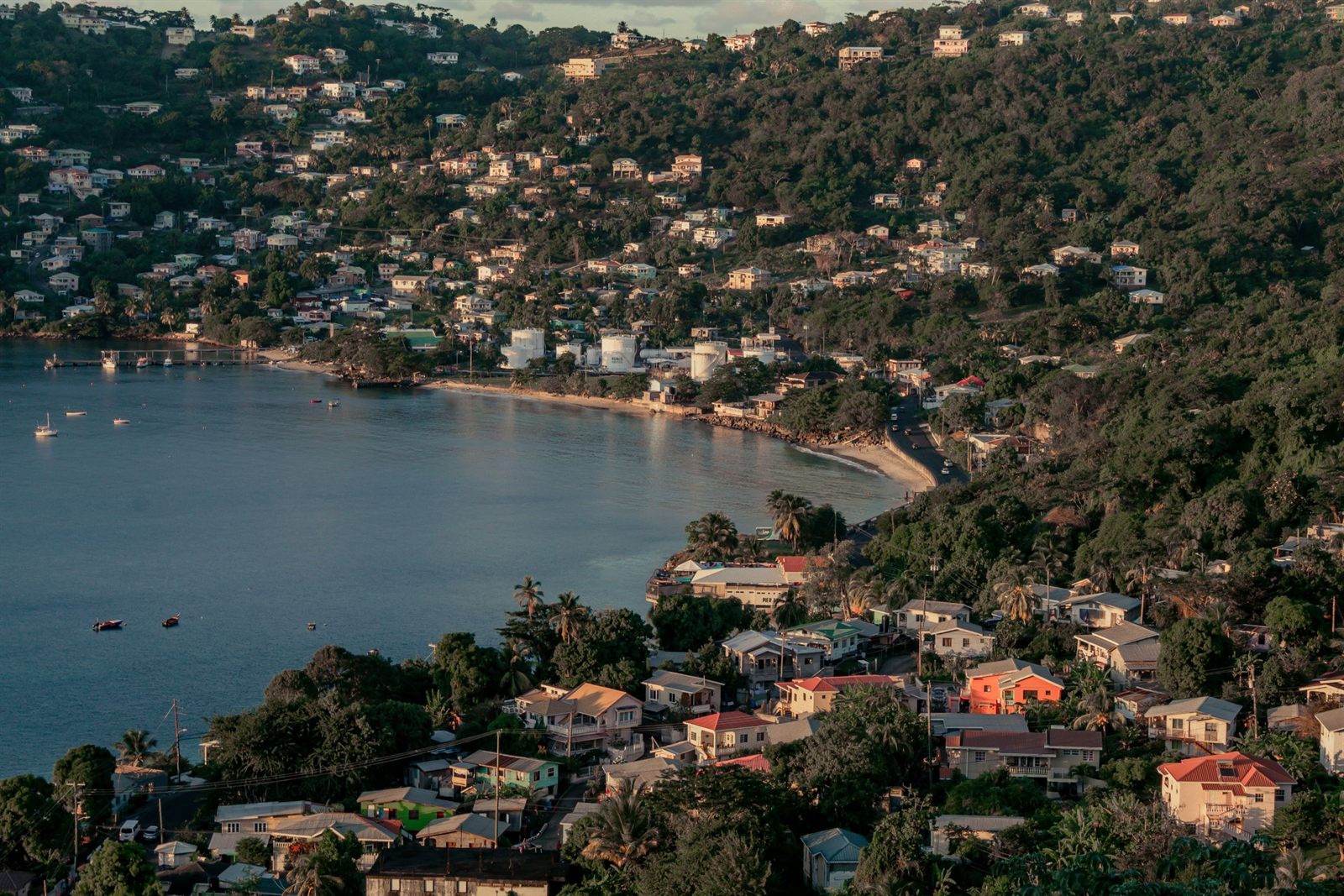 Green hills and houses around a sheltered bay on Grenada